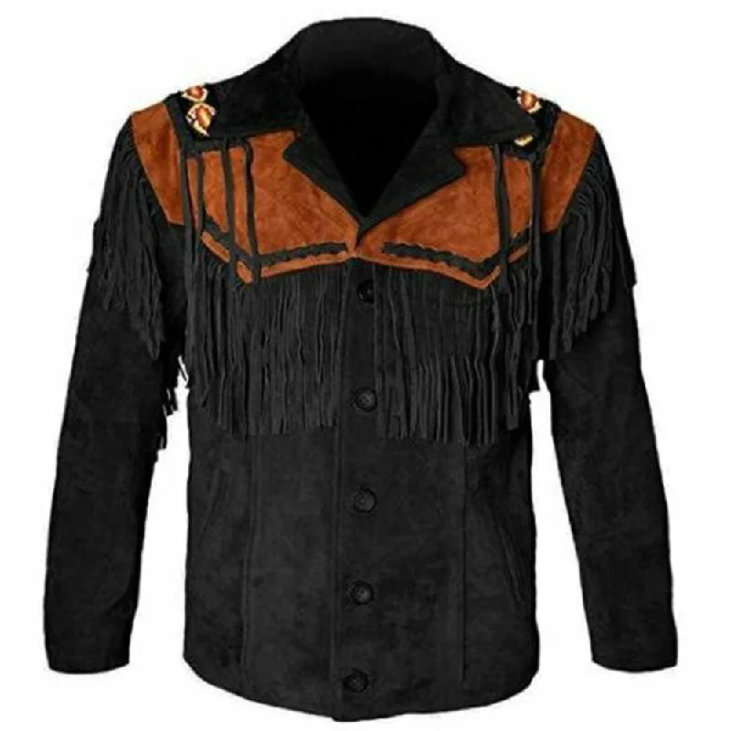 men's elegant jackets -Black Brown Western Fringe Leather Jacket