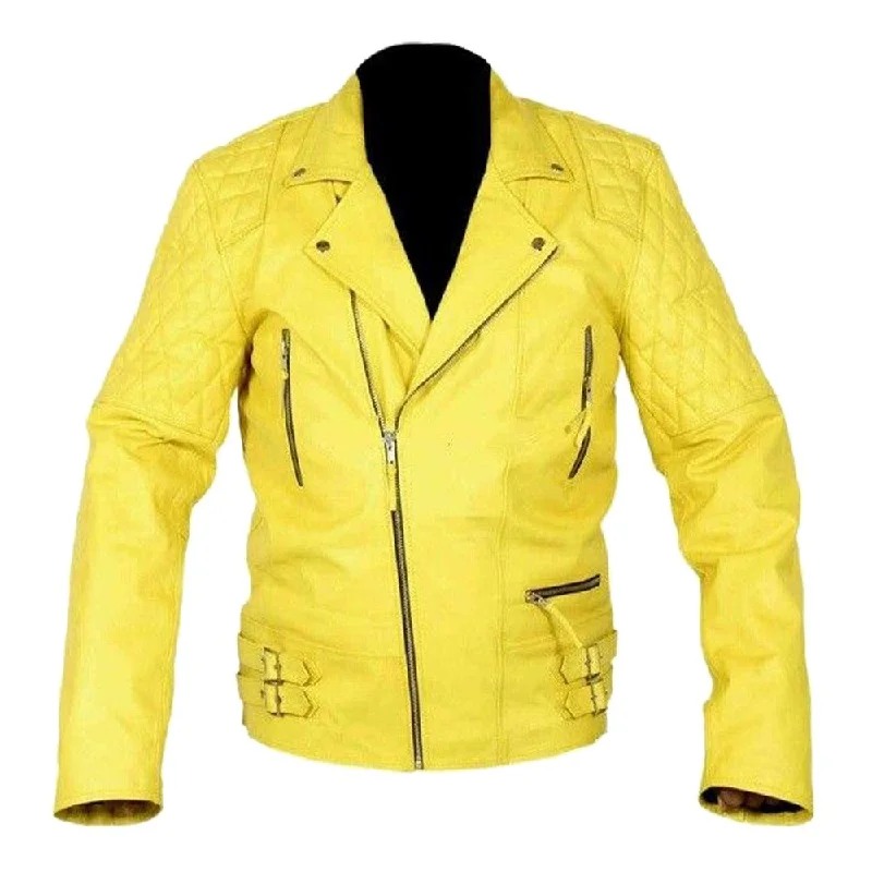 men's wool-blend jackets -Bold Rider Yellow Leather Jacket