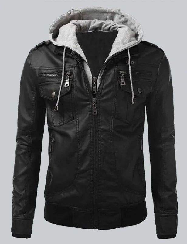 Slim-Fit Black Leather Biker Jacket with Detachable Hoodie