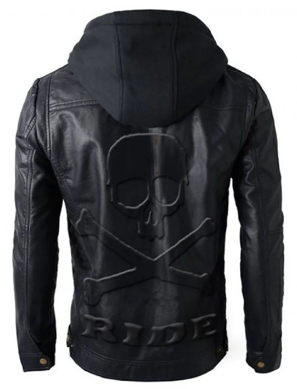 Brando Style Motorbike Leather Jacket Hoodie with Skull Embossed Logo at Back