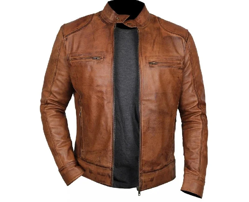 men's waterproof parka jackets -Brown leather jacket