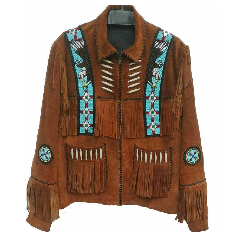 men's hooded jackets -Cowboy Fringe Beads Leather Jacket