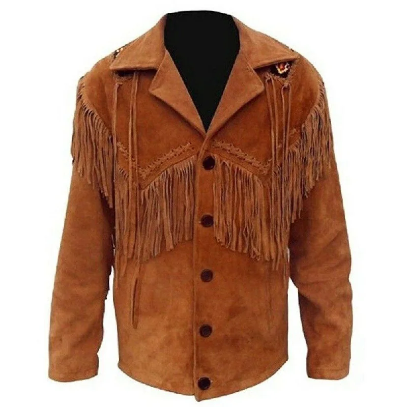 puffer jackets for men -Cowboy Western Leather Fringe Brown Jacket