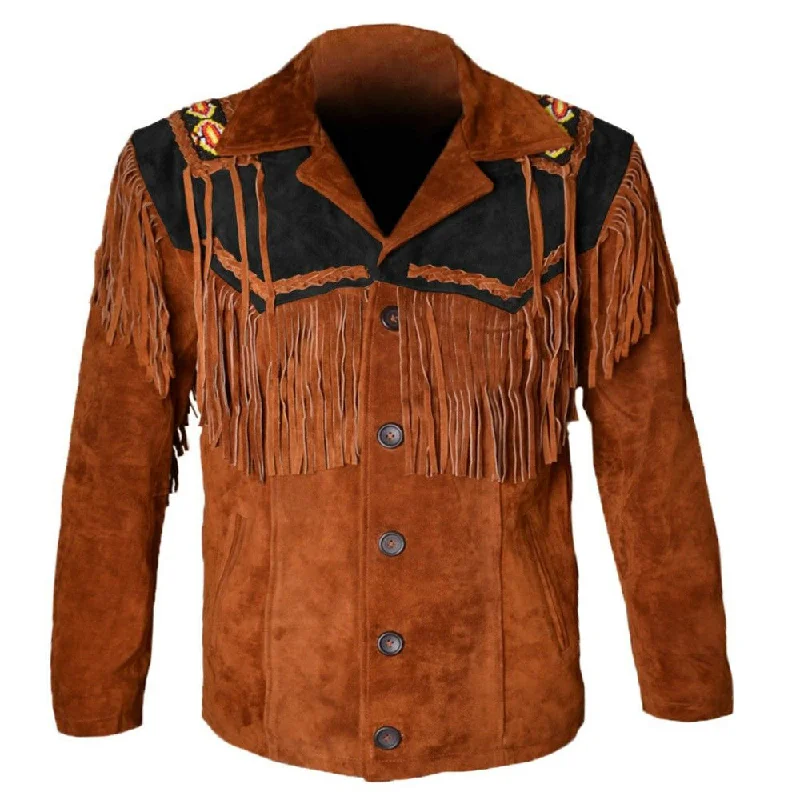 men's winter jackets -Dark Brown Cowboy Fringe Suede Leather Western Jacket