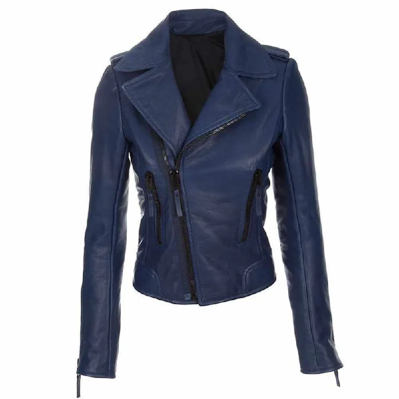 denim jackets for men -Slim Fit Dark Navy Blue Biker Leather Jacket