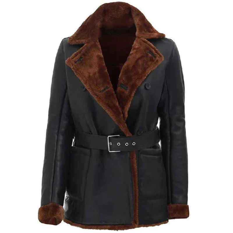 men's waterproof jackets -Double Breasted Shearling Leather Coat Women Winters Jacket