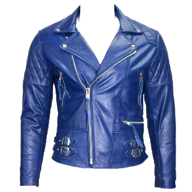 men's velvet jackets -Royal Blue Cafe Racer Motorcycle Leather Jacket