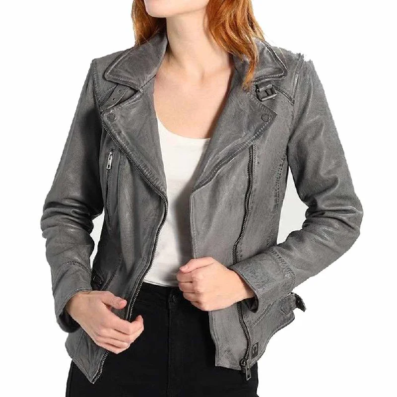 men's outdoor waterproof jackets -Elegant Stylish Gray Motorcycle Fashion Leather Jacket Women