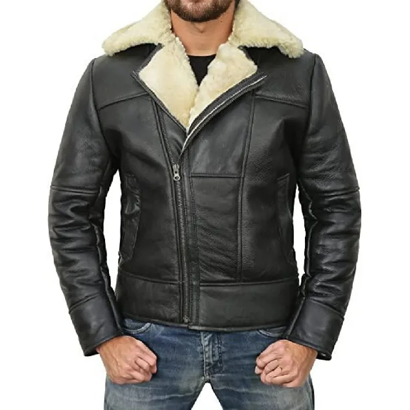 varsity jackets for men -Ellis Men's Lambskin Leather Faux Fur Lined Aviator Jacket Black