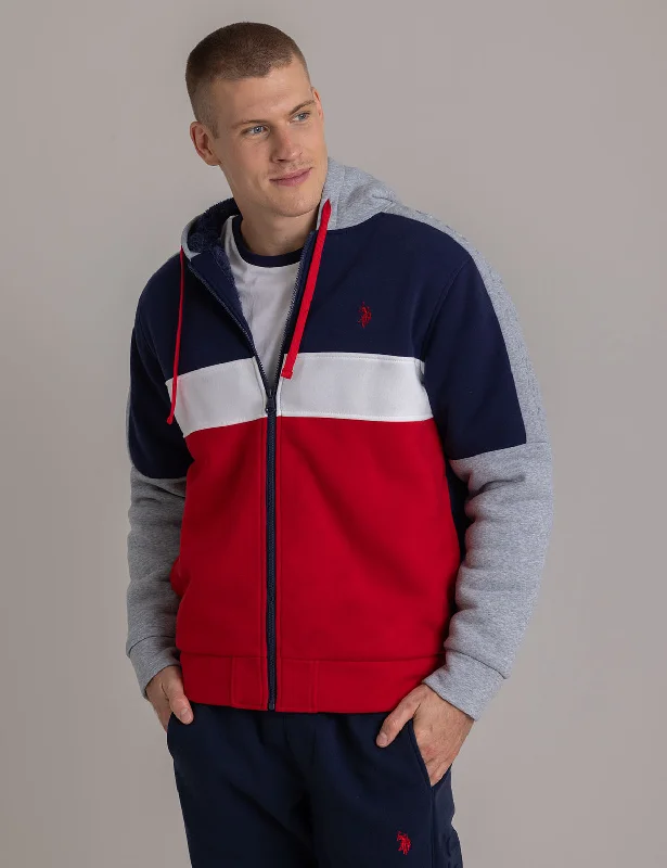 EMBOSSED SHOULDER COLORBLOCK SHERPA HOODIE