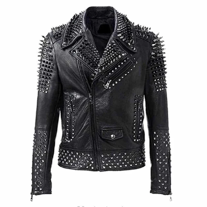 men's leather bomber jackets -Punk Rock Silver Studded Leather Jacket