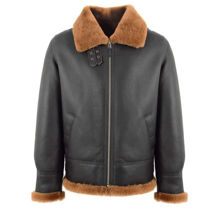 men's fleece jackets -Frankie Men's Black Bomber Leather Jacket With Faux Fur Lining