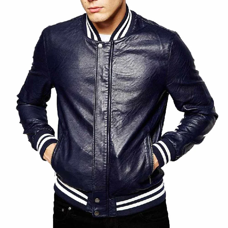 men's sleek jackets -Slim Fit Varsity Leather Jacket