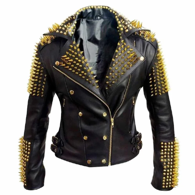 men's padded jackets -Golden Studded leather Jacket