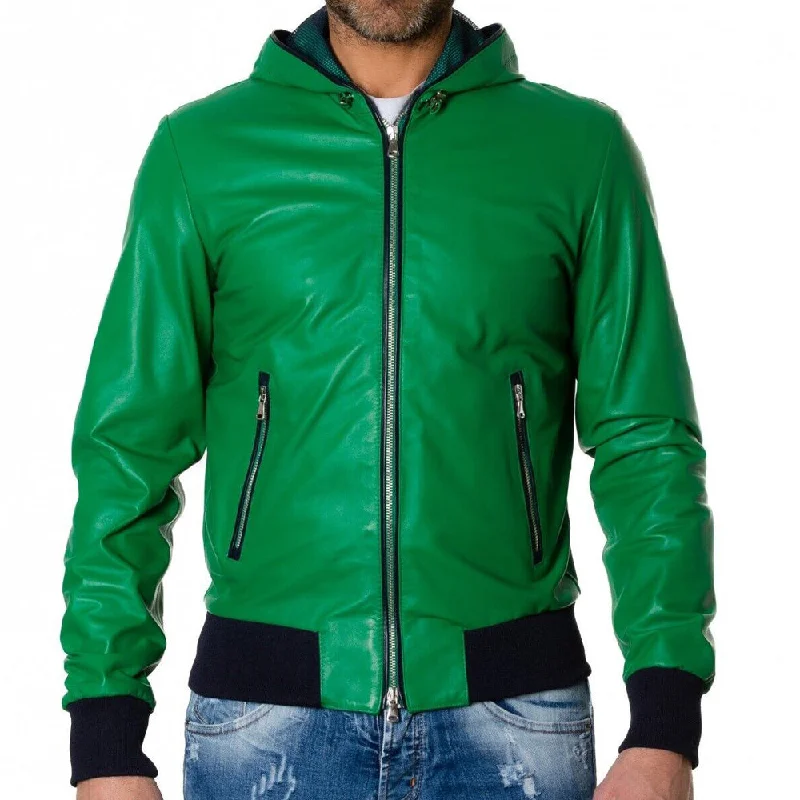 men's double-breasted blazers -Green Leather Motorcycle Jacket