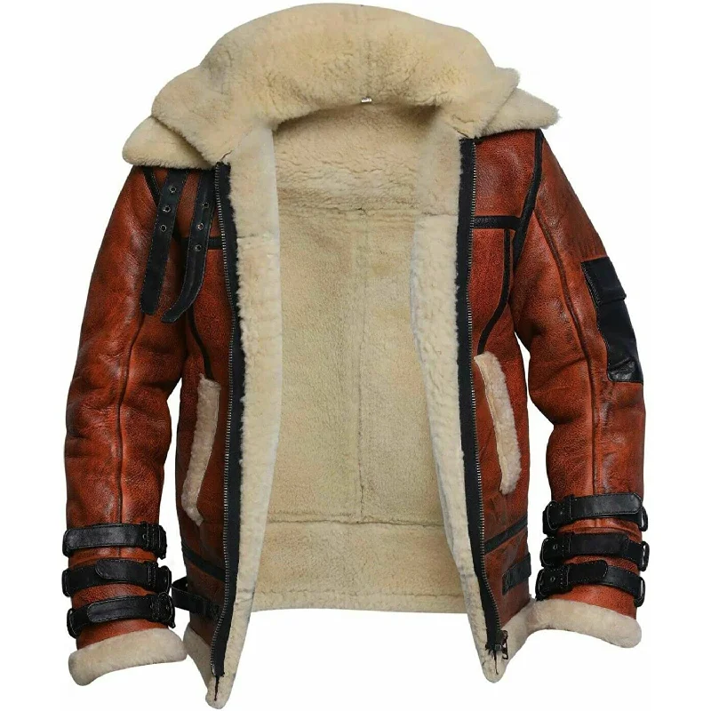 puffer jackets for men -Jasper Men's Faux Fur Lined Aviator Leather Jacket Brown