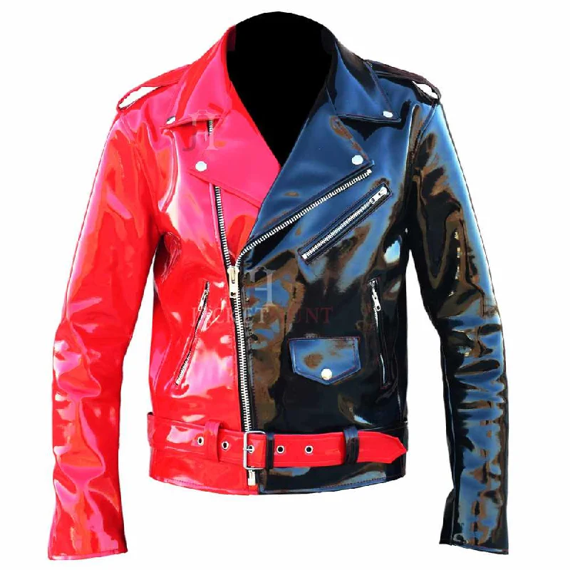 men's corduroy jackets -JOKER Hot Red Black PVC Vinyl Motorcycle Jacket