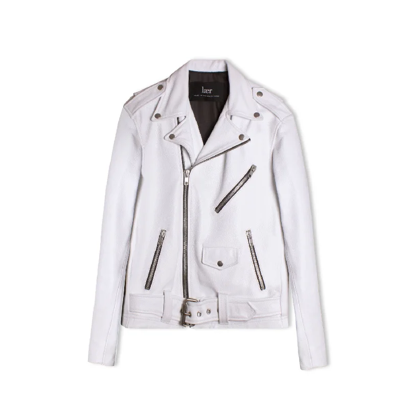 men's wool-blend jackets -Lær Brand Classic Moto Jacket White w/ Silver Hardware PRE-OWNED FINAL SALE