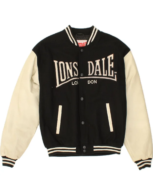 men's modern jackets -LONSDALE Mens Graphic Varsity Jacket UK 38 Medium Black Colourblock Wool