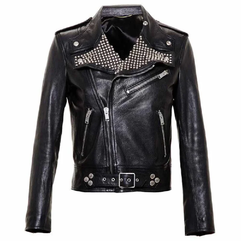 men's waterproof jackets -Men Black Leather Studded Brando Motorcycle Leather Jacket