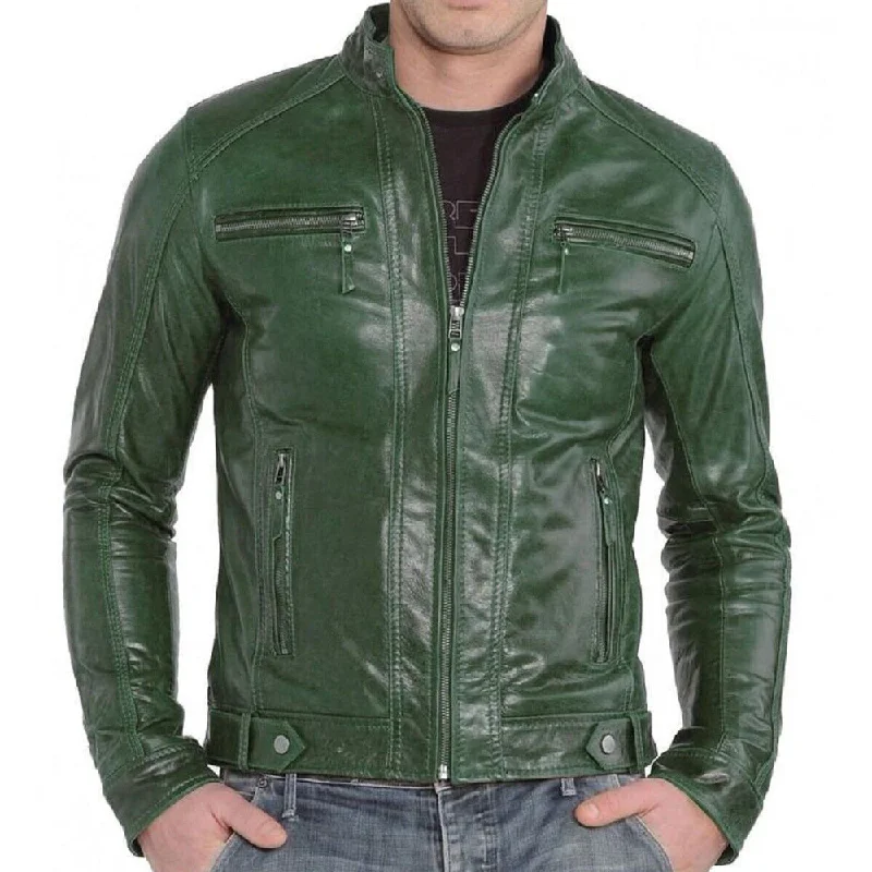 men's blazer jackets for weddings -Slim Fit Green Leather Zipper Up Jacket