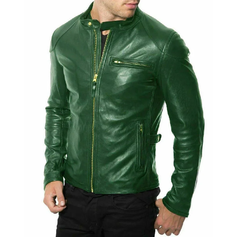 men's quilted winter jackets -Men Biker Slim Fit Green Leather Jacket