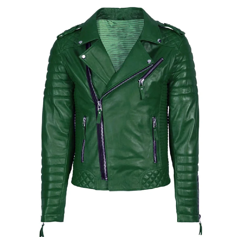 men's biker jackets -Men's Green Leather Slim Fit Biker Jacket