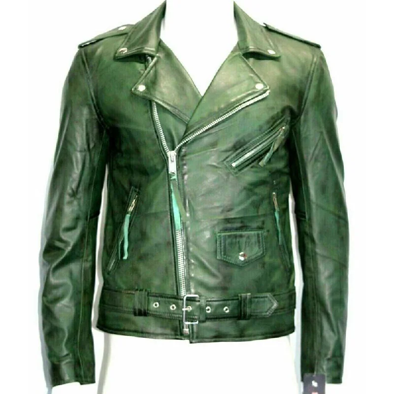 men's military jackets with zippers -Spread Collar Green Leather Jacket