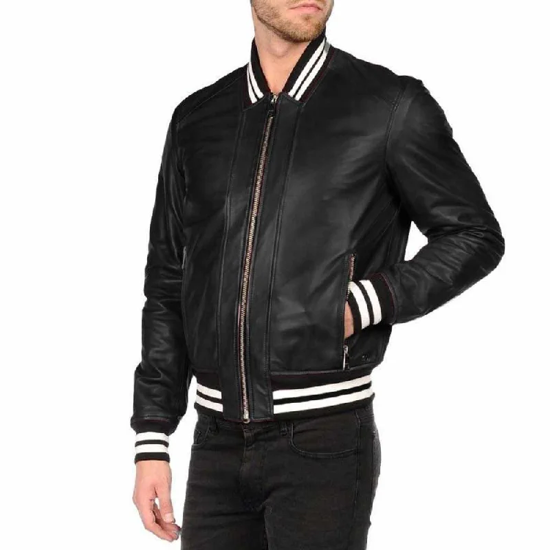 stylish winter jackets for men -Varsity Letterman Bomber Leather Jacket