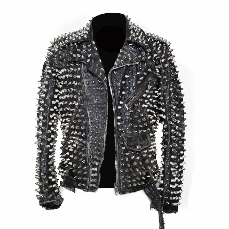 men's parkas for winter -Men Punk Metal Motorcycle Studded Black Leather Jacket