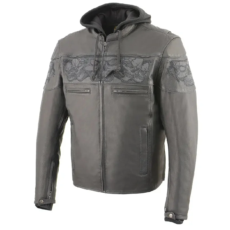 Milwaukee Leather Men's Crossover Scooter Jacket w/ Reflective Skulls & Full Sleeve Removable Hoodie