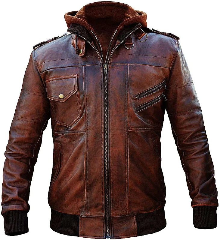 Men’s Slim Fit Bomber Hoodie Vintage Brown Biker Genuine Leather Jacket