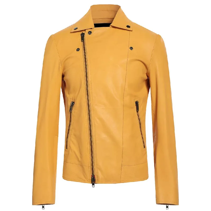 men's hooded bomber jackets -Men Slim Fit Yellow Zip-Up Leather Jacket