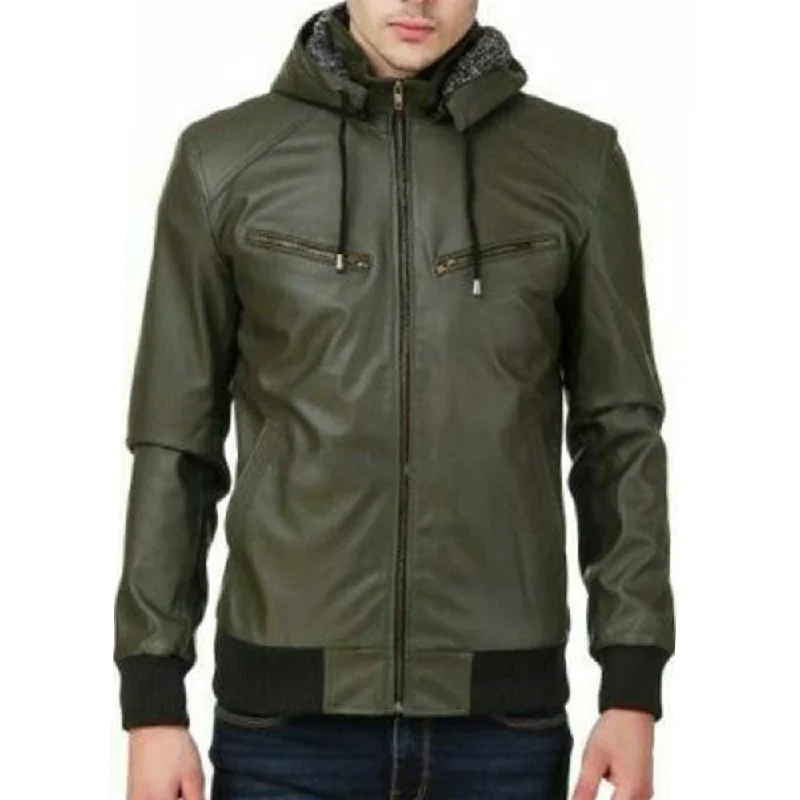 men's technical jackets -Men Zipper Green Leather Jacket