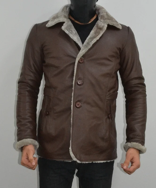 stylish winter jackets for men -Men's Brown Fur Collar Slim Fit Leather Blazer Jacket