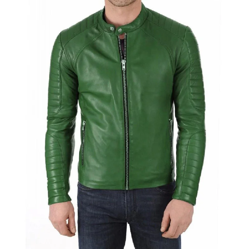 men's parka jackets for winter -Biker Slim Fit Green Leather Jacket