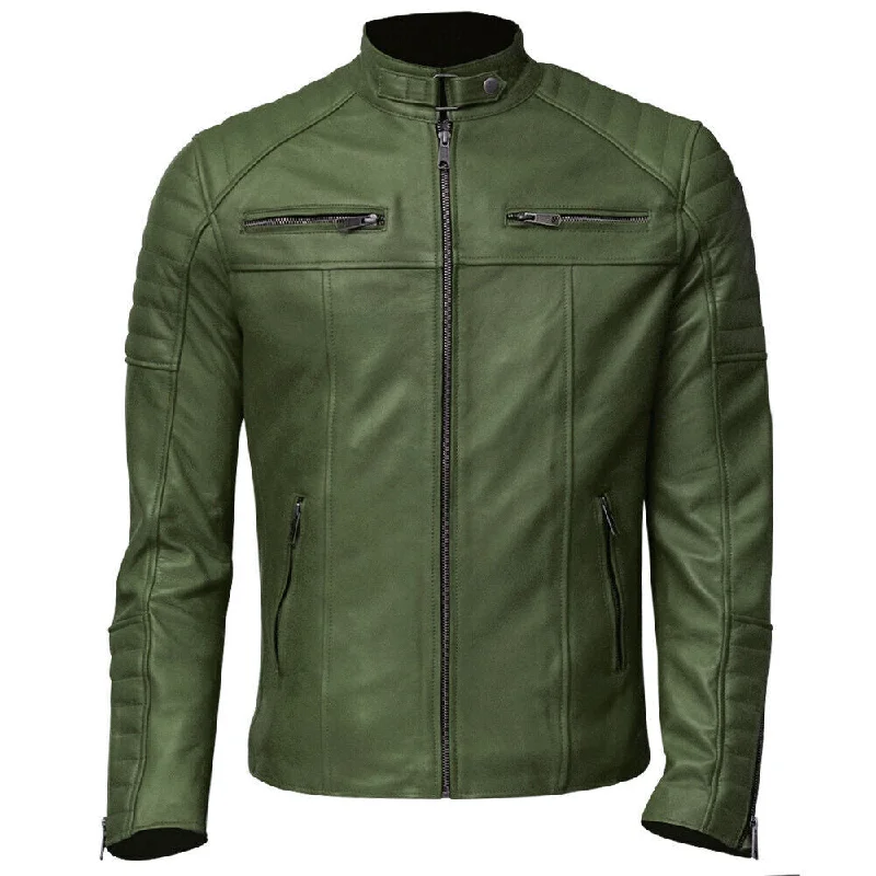 men's sporty jackets for running -Retro Club Green Leather Jacket