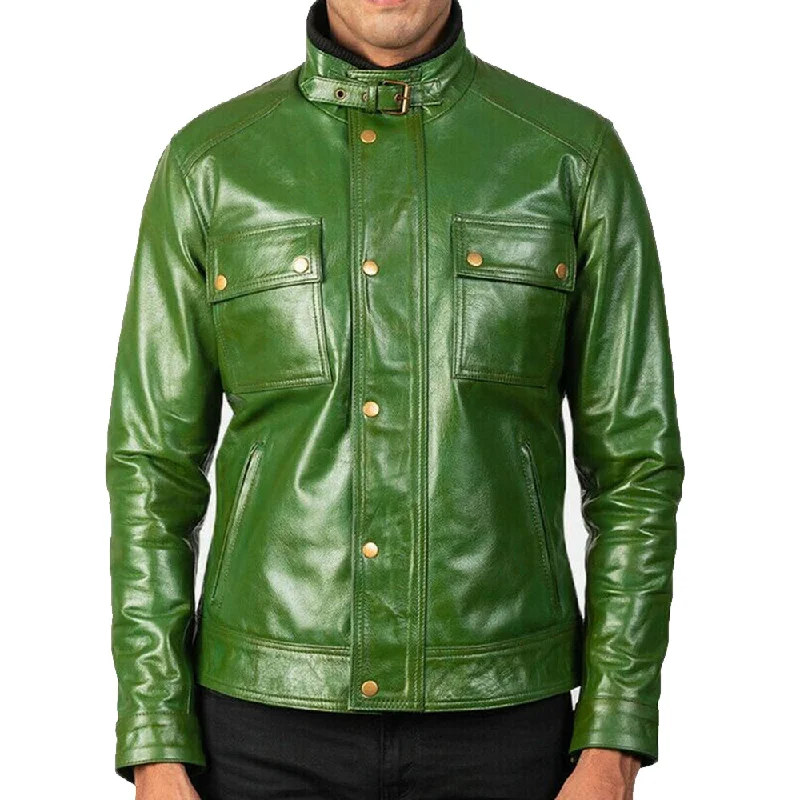 men's waterproof trench coats -Distressed Green Leather Biker jacket