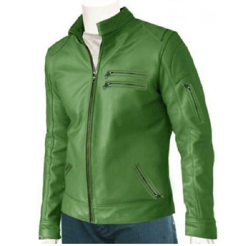 fleece-lined bomber jackets for men -Green Leather Bomber Jacket