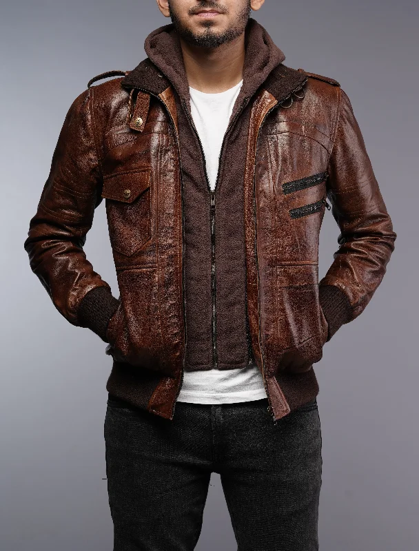 Mens Removable Hoodie Waxed Brown Leather Jacket