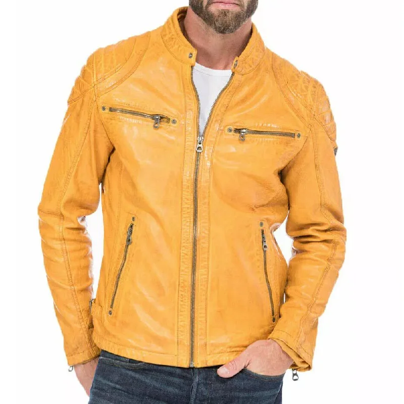 men's trench coats for winter -Mens Slim Fit Yellow Leather Jacket