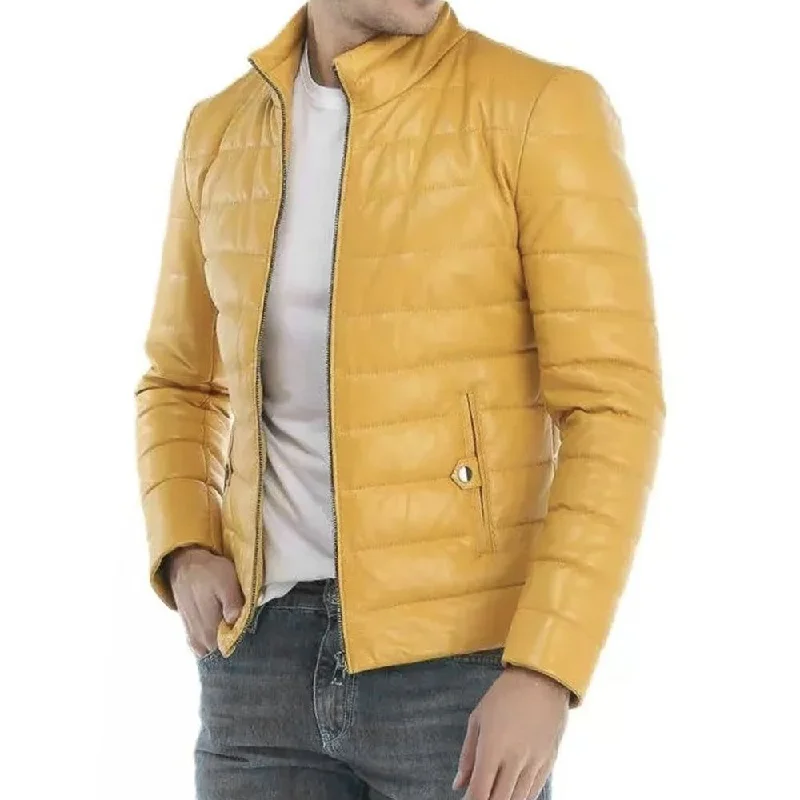 men's quilted jackets -Yellow Puffer Leather Jacket