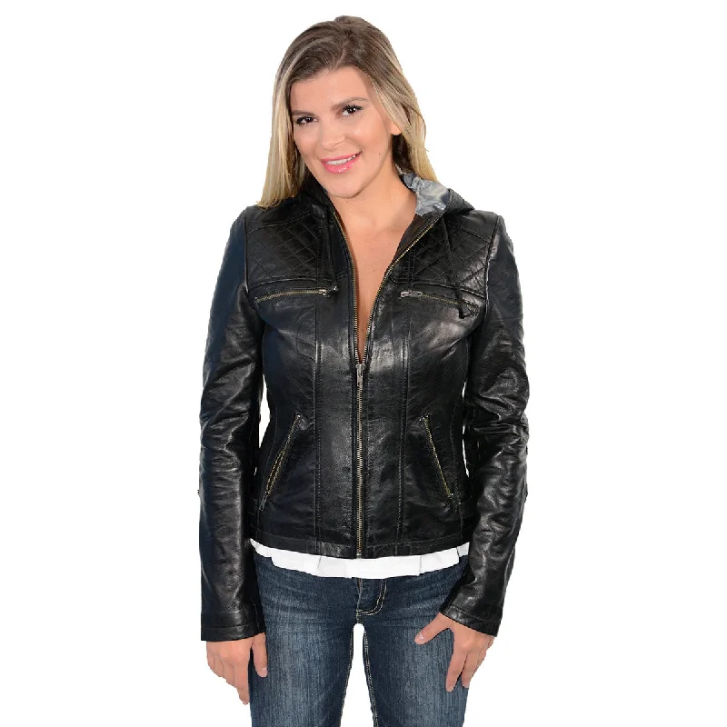 Milwaukee Leather SFL2810 Women's Black Scuba Style Fashion Leather Jacket with Drawstring and Hoodie