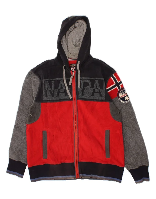 men's double-breasted blazers -NAPAPIJRI Mens Graphic Hooded Fleece Jacket UK 42 XL Red Colourblock