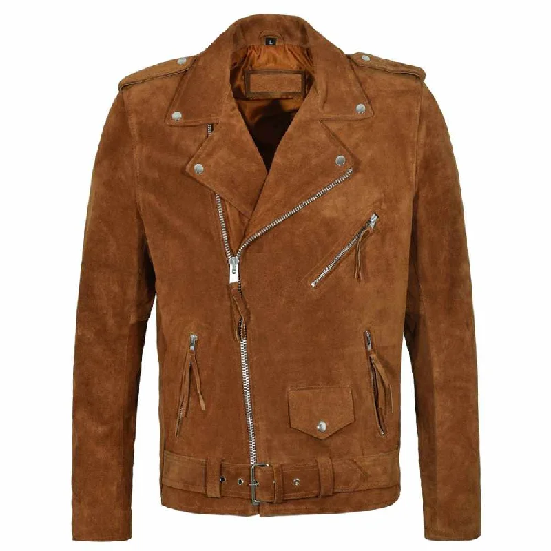 men's slim-fit blazers -Native American Brown Suede Leather Biker Fringes Jacket