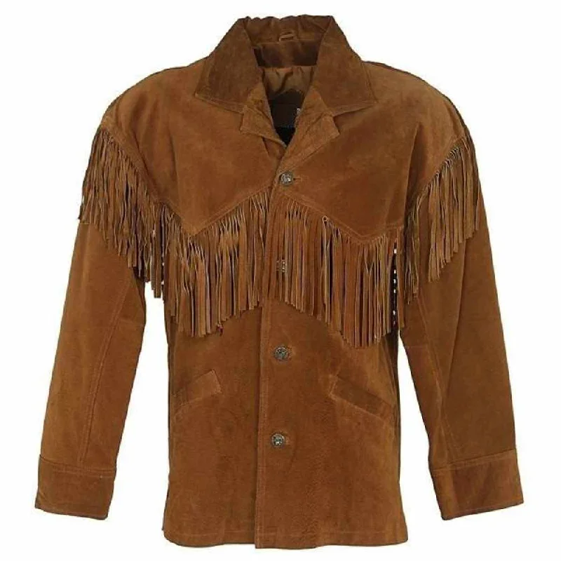 men's utility jackets -Native American Buffalo Skin Suede Leather Fringe Western Shirt Jacket