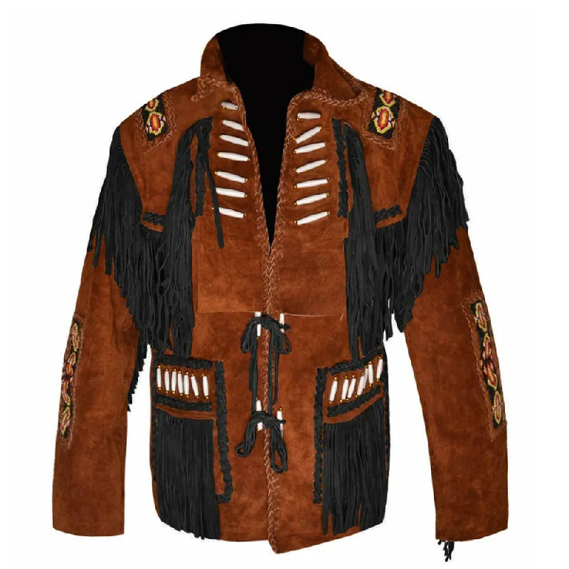 men's stylish jackets with zippers -Native American Cowboy Suede Fringe Leather Jacket