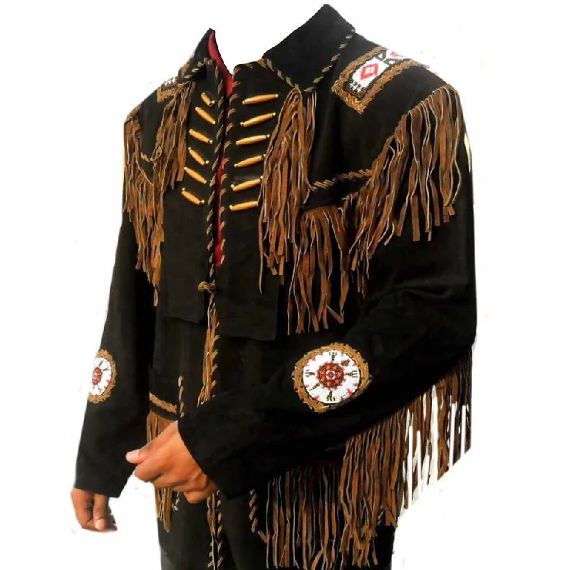 men's sport jackets -Native American Mens Black Western Suede Fringe Leather Jacket