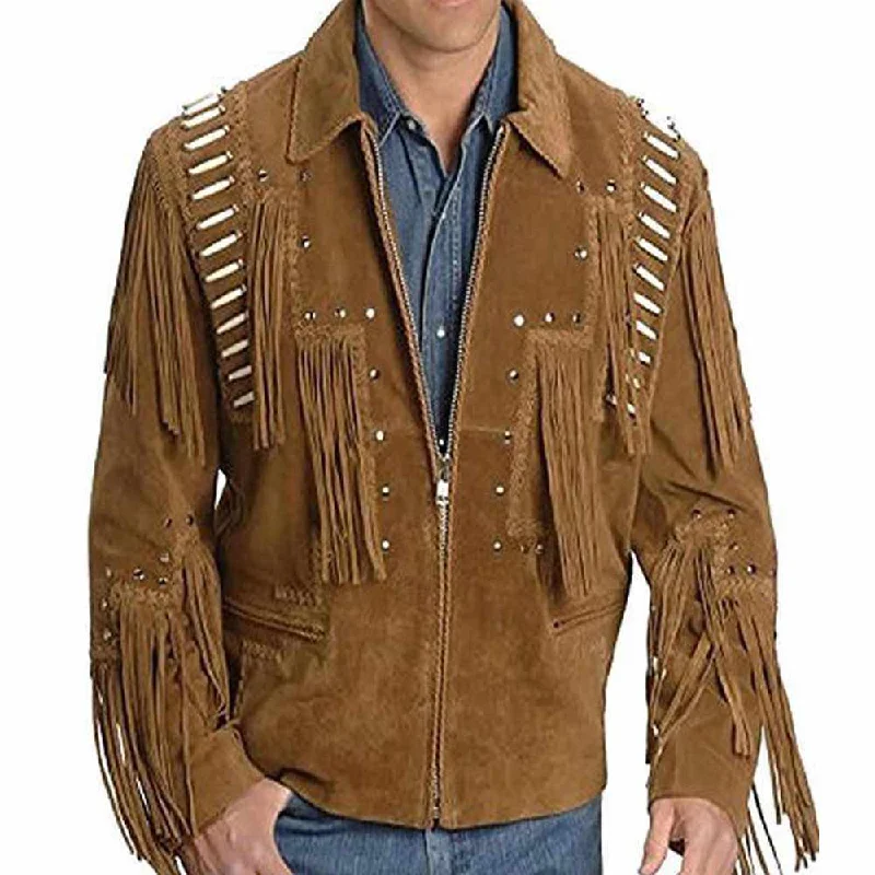 men's padded jackets -Native American Mens Western Tan Suede Leather Bones/Bead Fringed Jacket