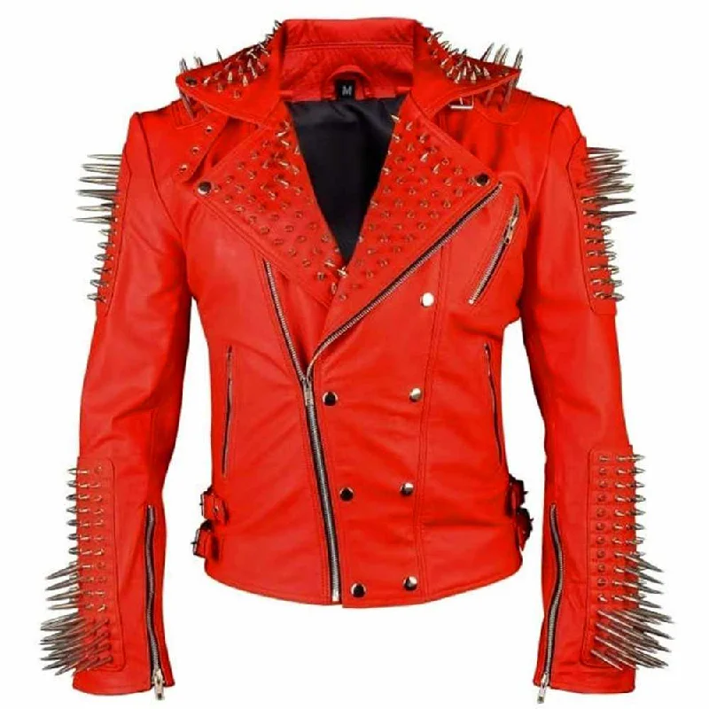 men's winter coats and jackets -Red Punk Spikes Leather Jacket